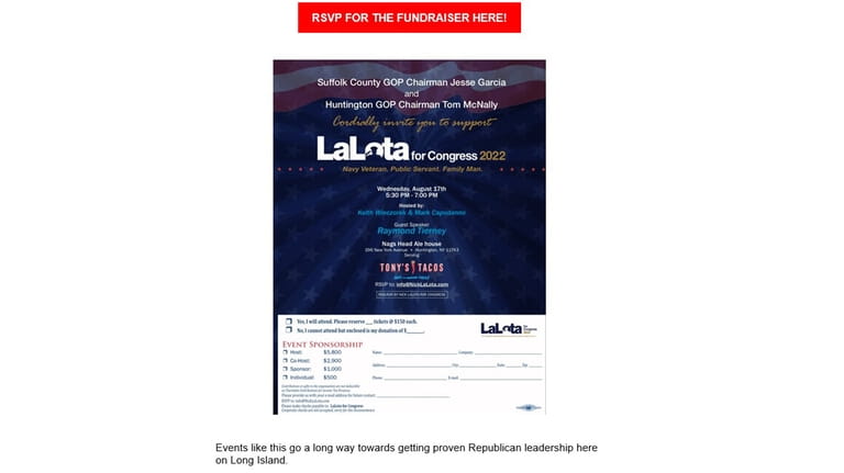 The invitation to the fundraiser for Nick LaLota.
