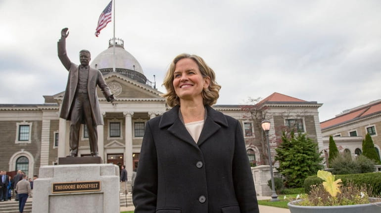 Nassau County Executive-elect Laura Curran speaks outside the Theodore Roosevelt...