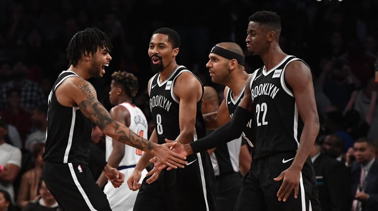 Nets guard D'Angelo Russell, left, and Nets guard Spencer Dinwiddie,...