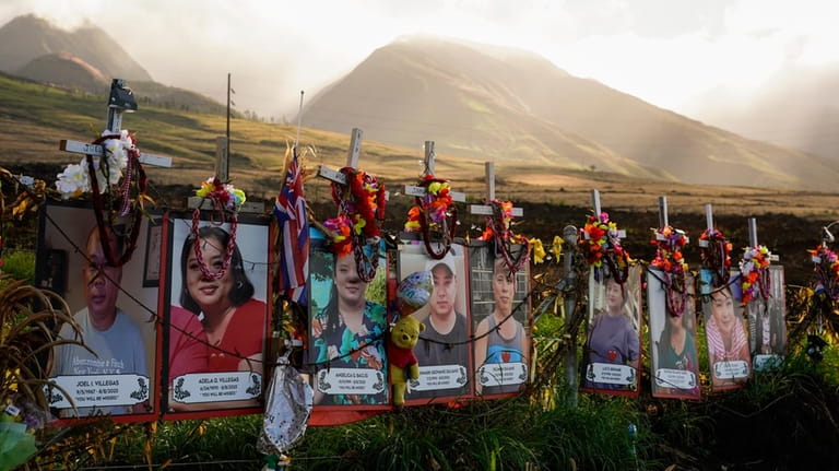 Photos of victims are displayed under white crosses at a...