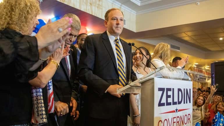 Rep. Lee Zeldin addresses a crowd of supporters at the Coral...