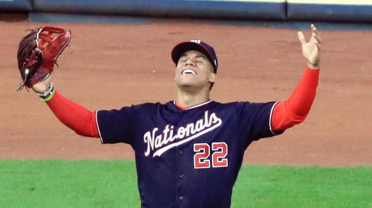 Juan Soto reacts after the Washington Nationals captured their first...