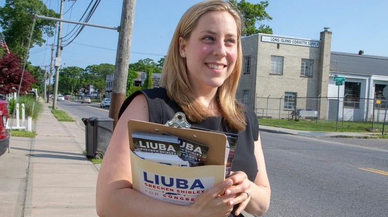 Democratic candidate Liuba Grechen Shirley campaigns in Lindenhurst before a...