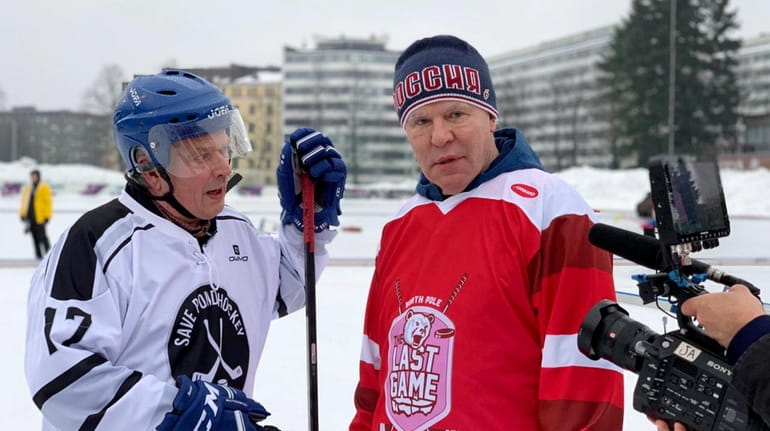 Slava Fetisov, right, and Finnish president Sauli Niinisto at a...