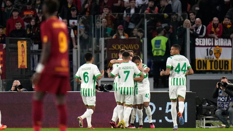 Sassuolo's Armand Lauriente, second from right, celebrates after scoring his...