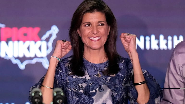 GOP presidential candidate Nikki Haley speaks at a New Hampshire...