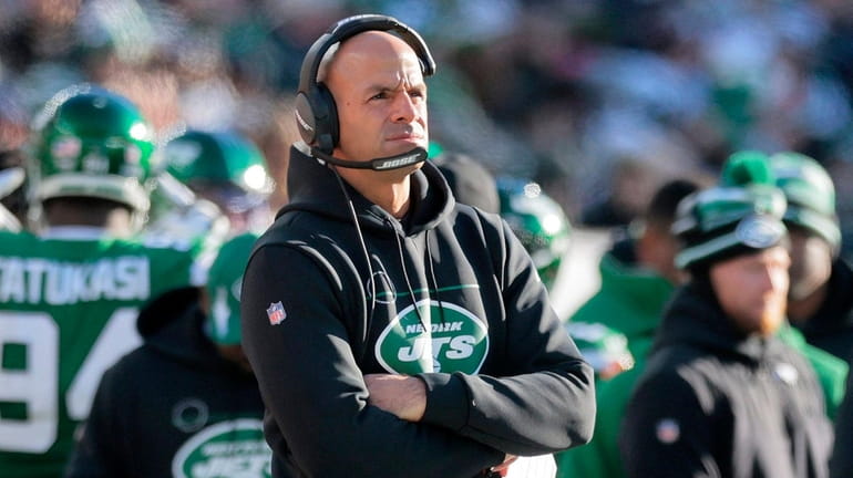 Head coach Robert Saleh of the Jets looks on during a...