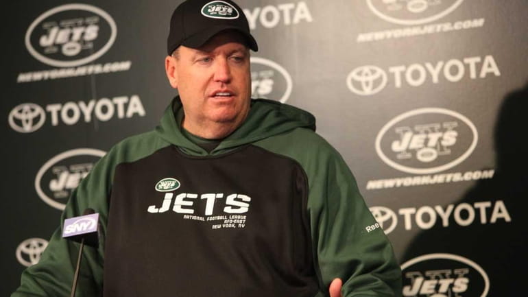 Jets head coach Rex Ryan talks to media after practice...
