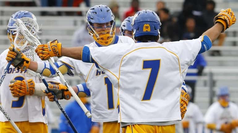 Torin Varn #17 of the Hofstra Pride celebrates his second-period...