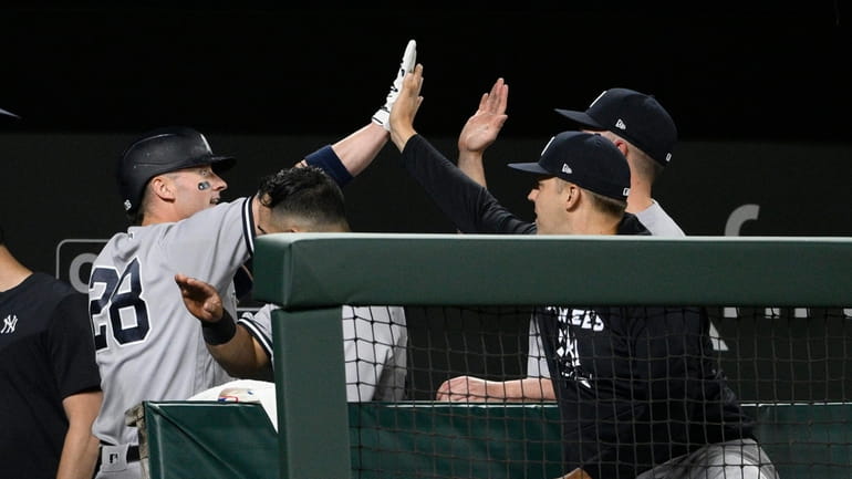 Yankees' Josh Donaldson (28) celebrates his home run in the...