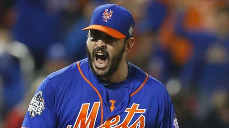 New York Mets starting pitcher Matt Harvey (33) reacts after...
