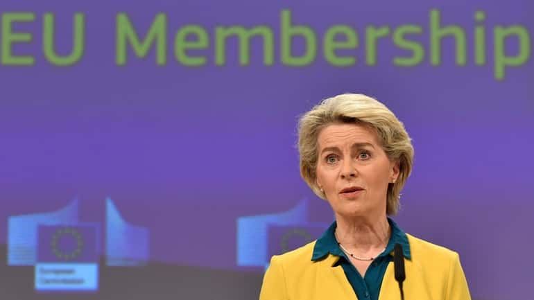 European Commission President Ursula von der Leyen speaks during a...