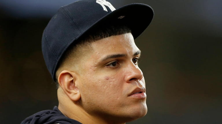 Yankees reliever Dellin Betances looks on against the Rays at Yankee...
