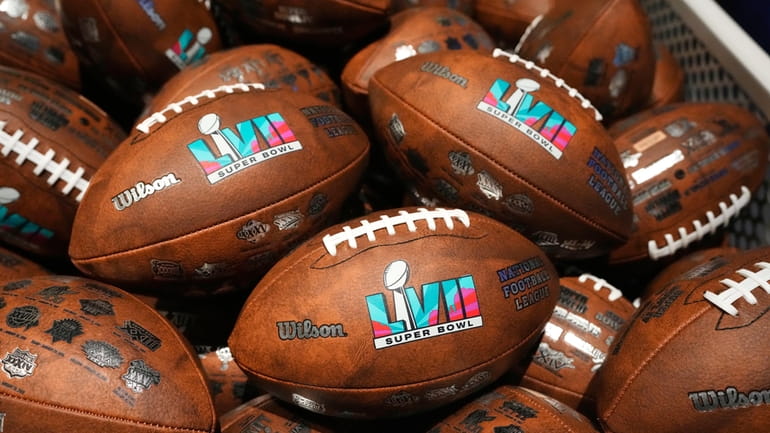 Footballs are displayed for sale in the Wilson exhibit at...