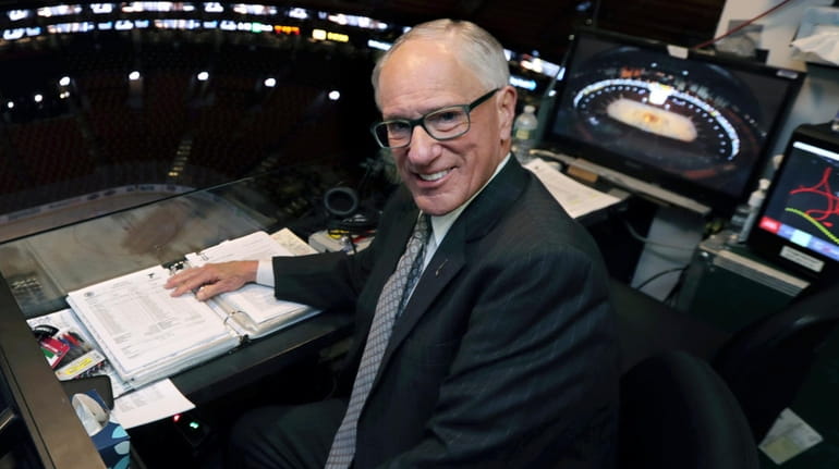 NBC hockey broadcaster Mike Emrick at Game 2 of the...