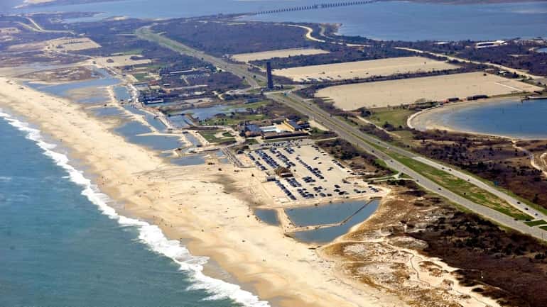 An aerial photo shows flooding and erosion at Jones Beach...