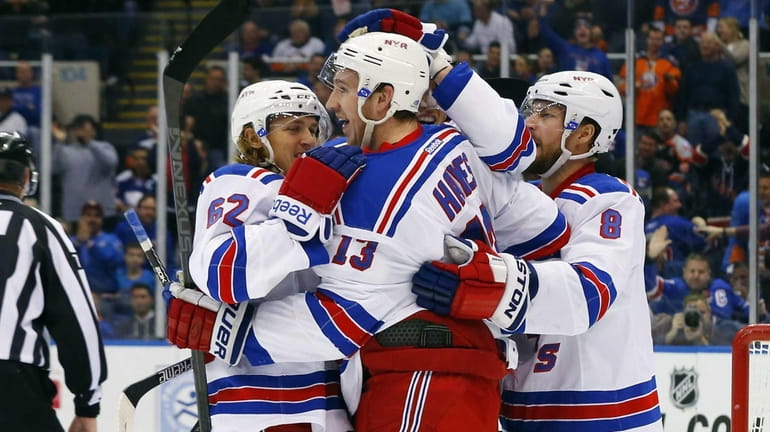 Kevin Hayes of the New York Rangers celebrates his second-period...