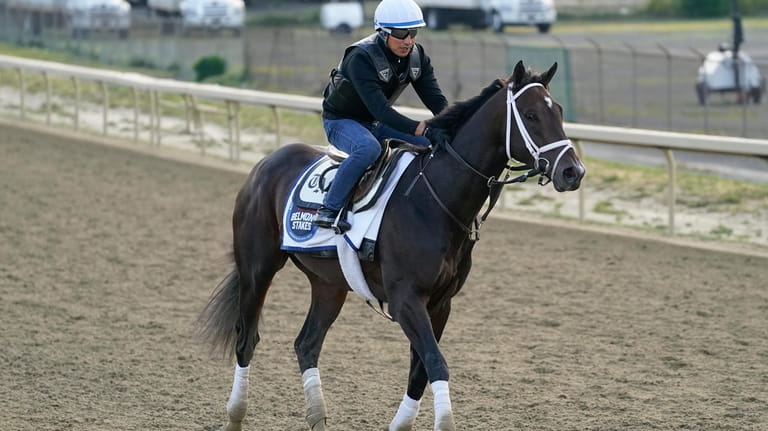 Forte trains ahead of the Belmont Stakes horse race, Friday,...