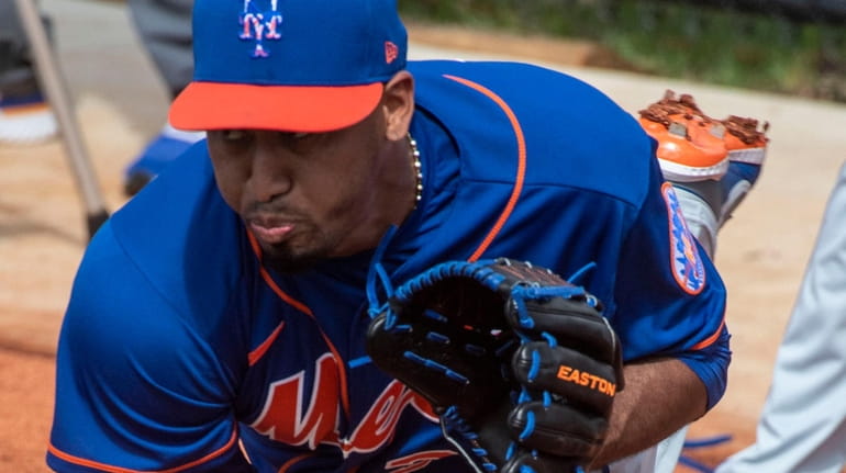 New York Mets pitcher Edwin Diaz throws a bullpen session...