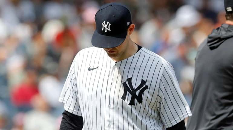Jordan Montgomery of the Yankees leaves a game in the fifth...