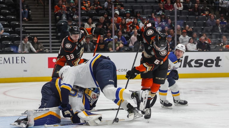 Anaheim Ducks center Nikita Nesterenko (62) scores as St. Louis...