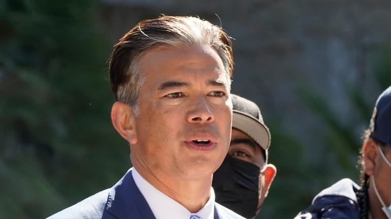 California Attorney General Rob Bonta speaks at a news conference...