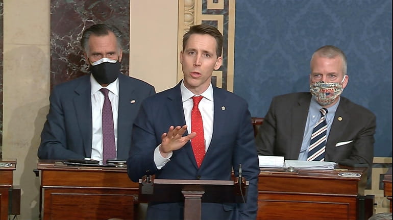 In this image from video, Sen. Josh Hawley (R-Mo.) speaks...