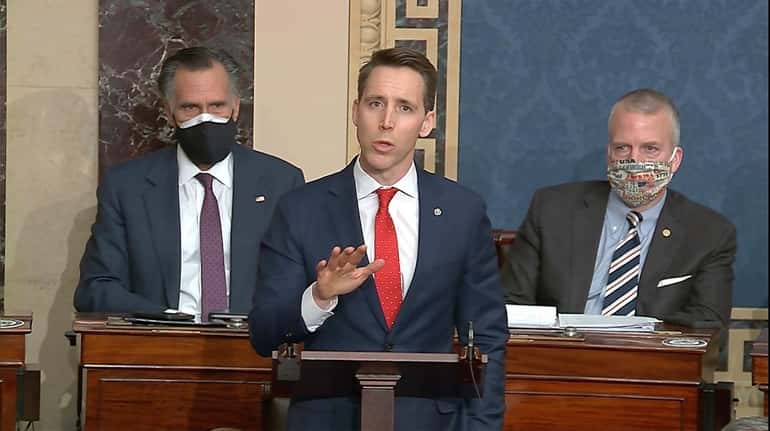 In this image from video, Sen. Josh Hawley (R-Mo.) speaks...