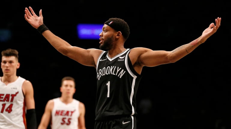 Bruce Brown of the Brooklyn Nets reacts during the second half...