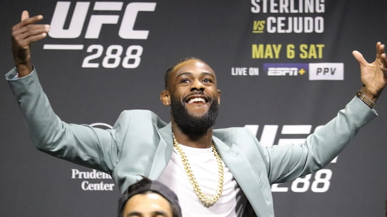 Aljamain Sterling appears at the UFC 288 news conference on...