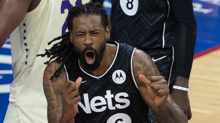 DeAndre Jordan of the Brooklyn Nets reacts after being call...
