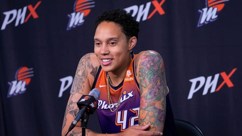 Phoenix Mercury center Brittney Griner speaks during the WNBA basketball...