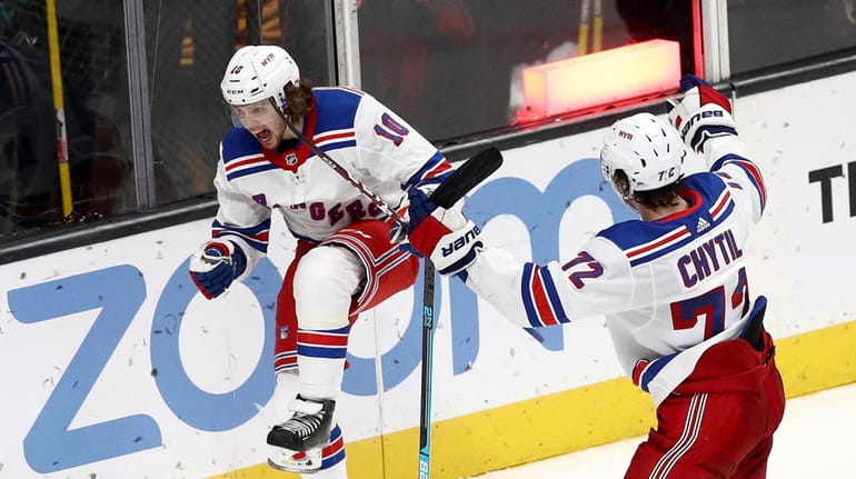 Artemi Panarin #10 of the Rangers and Filip Chytil #72...