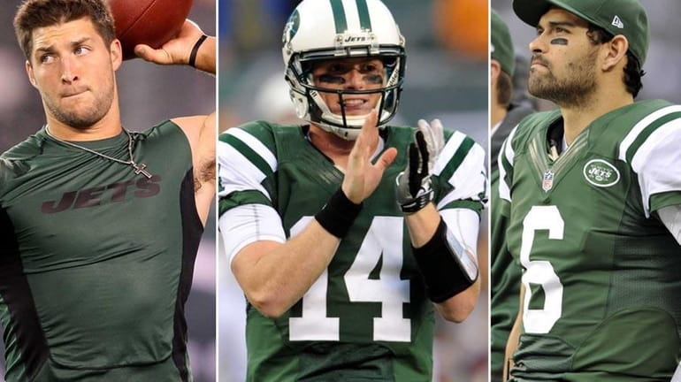 A composite image of Jets quarterbacks Tim Tebow, left, Greg...