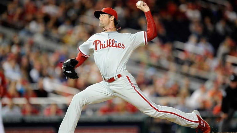 Cole Hamels #35 of the Philadelphia Phillies pitches against the...