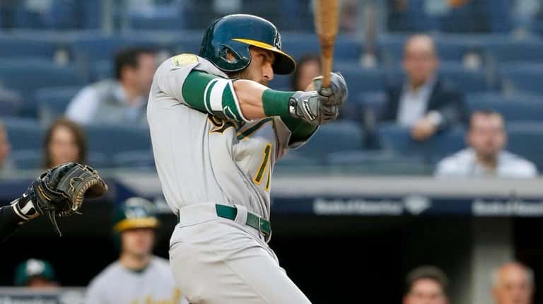 Athletics outfielder Dustin Fowler bats in the first inning against...