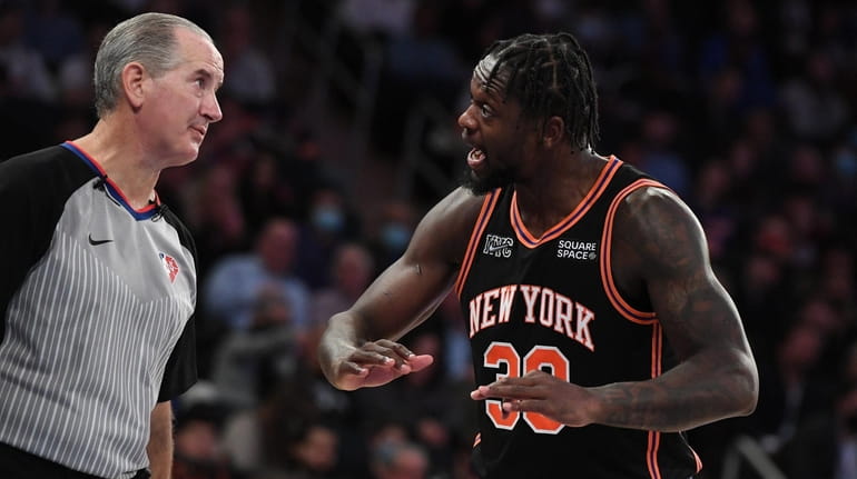 New York Knicks forward Julius Randle reacts to referee Scott...