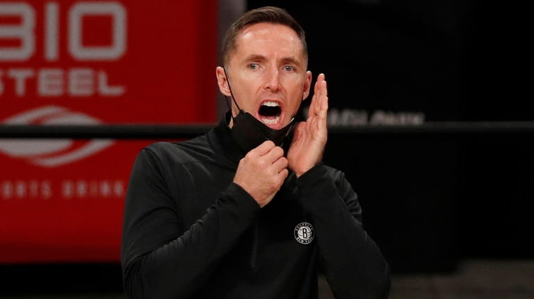 Nets head coach Steve Nash reacts during the fourth quarter against...