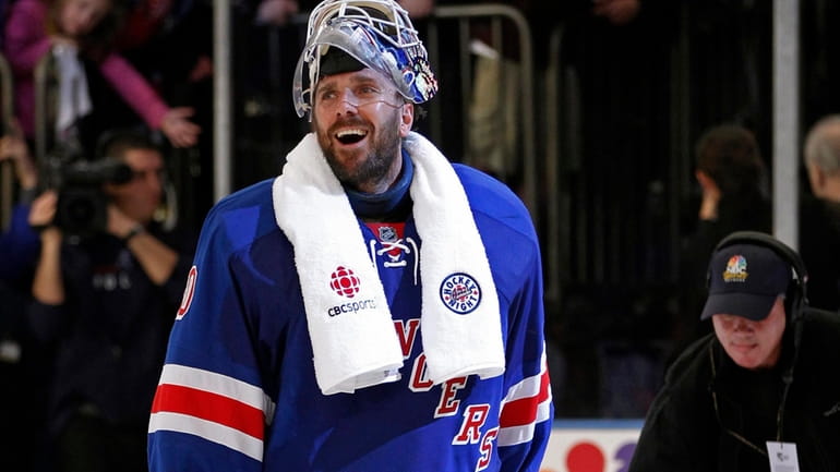 Rangers goalie Henrik Lundqvist reacts after the Rangers defeated the Capitals...