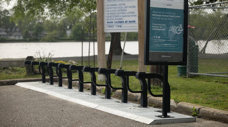 An empty Bethpage Ride bike rack at Argyle Park in Babylon village. The...