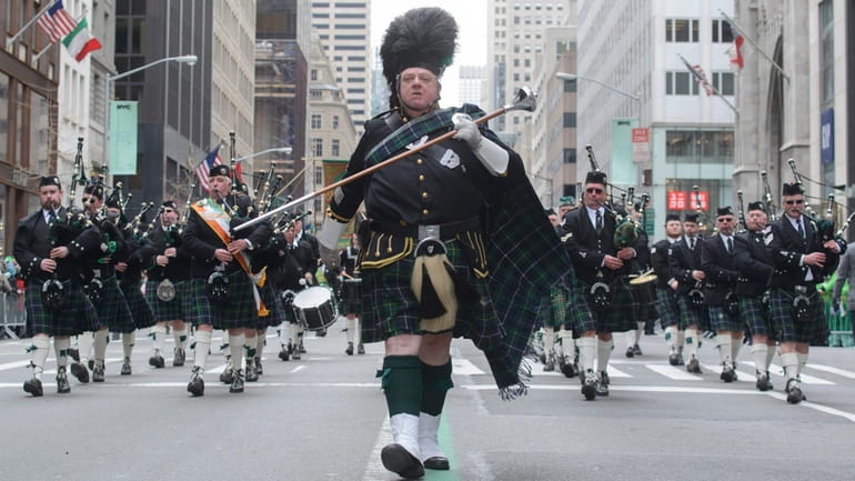 Bagpipers march in the St. Patrick's Day Parade in New...