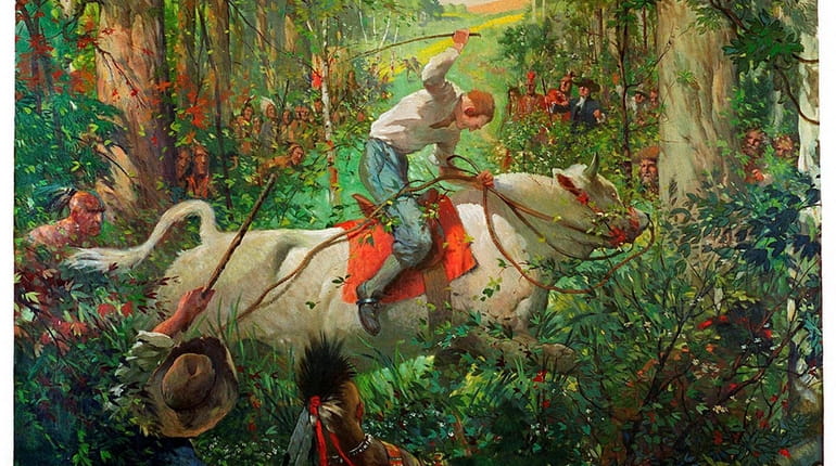 In Robert Gaston's 1939 mural, Richard Smith rides his bull...