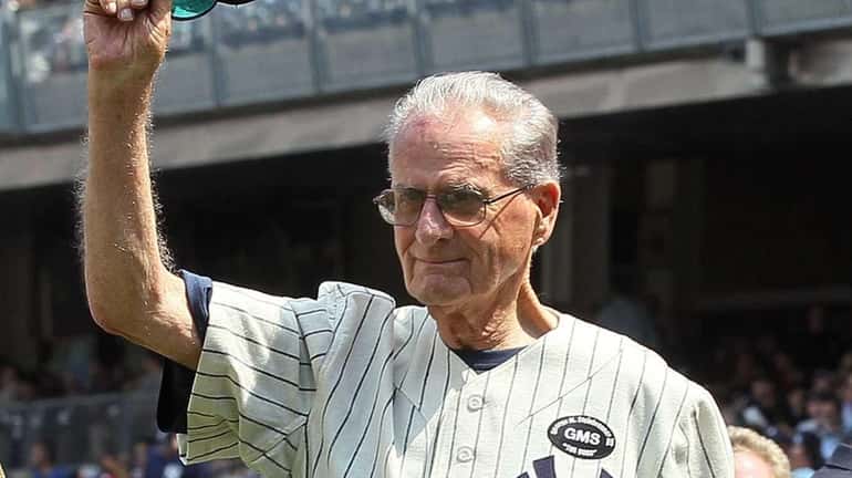 Jerry Coleman is introduced during the Yankees 64th Old-Timer's Day...