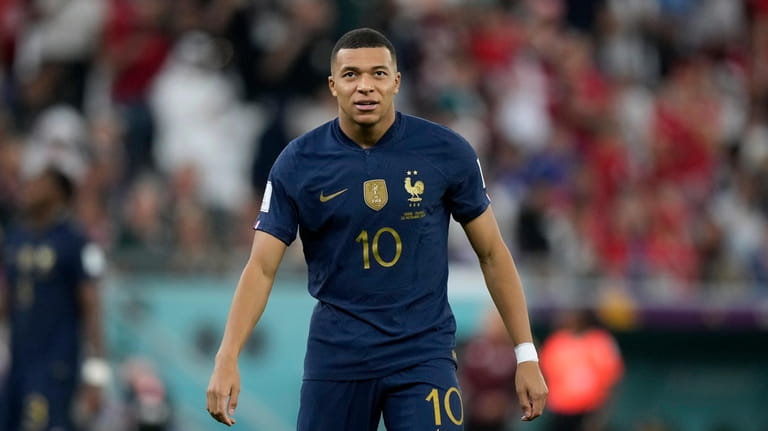 France's Kylian Mbappe plays during the World Cup group D...
