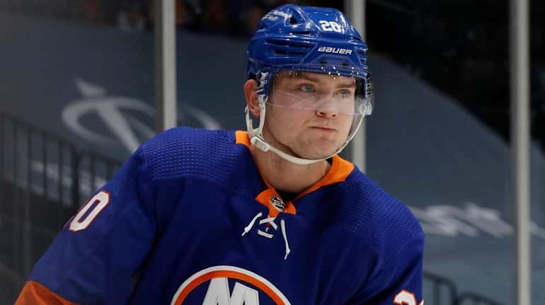 Kieffer Bellows of the Islanders warms up before the start of...