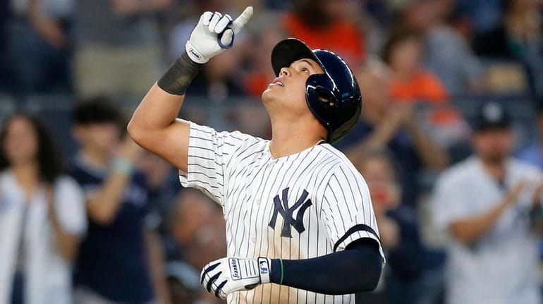 Gio Urshela of the Yankees celebrates his fifth-inning two-run home...