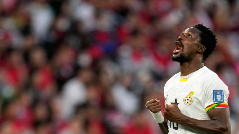 Ghana's Daniel Amartey celebrate after Ghana's Mohammed Kudus scoring his...
