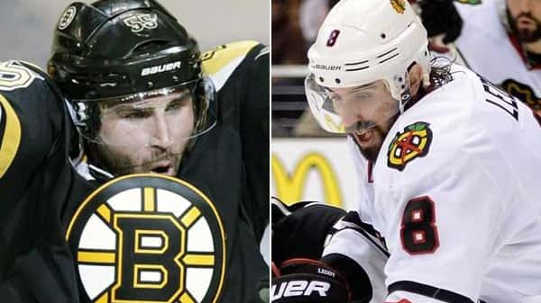 This composite image shows Boston Bruins defenseman Johnny Boychuk, left,...