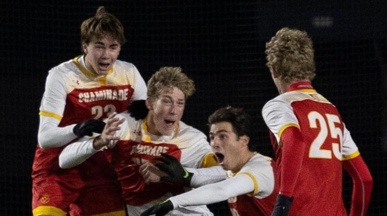 Chaminade's Jack Flaherty scores the winning goal against St. Anthony's during...