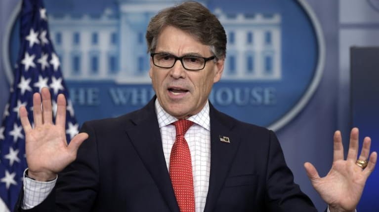 Energy Secretary Rick Perry speak during the daily briefing at...